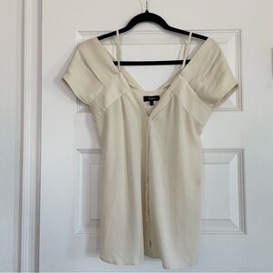 Theory 100% Silk Cream Off-Shoulder Convertible Button Down Blouse